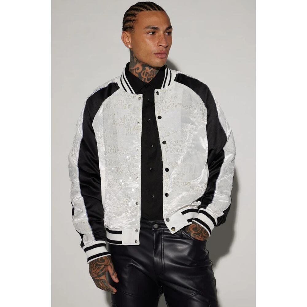 Fashion Nova Stay Through Sequin Varsity Bomber Jacket White/Blk Club Street NEW